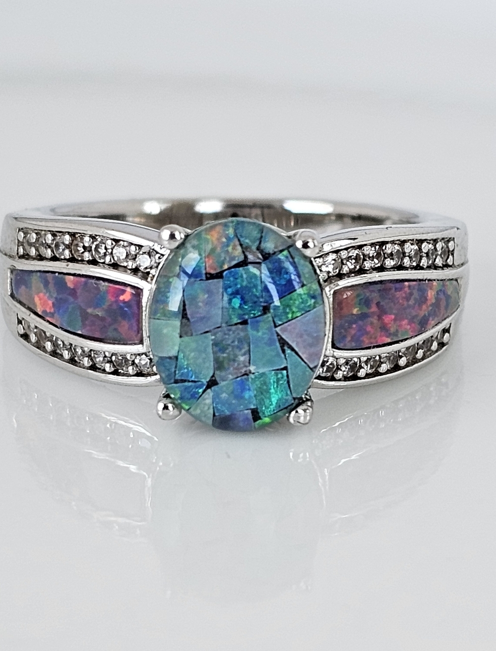 Genuine Mosaic Opal Triplet Ring Rhodium Sterling Silver Size 7.5